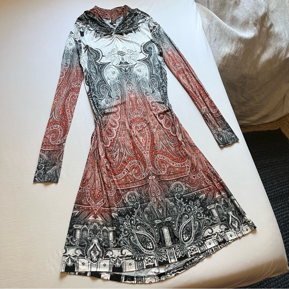 JEAN PAUL GAULTIER red white black scroll print ruched knit long sleeve‎ dress